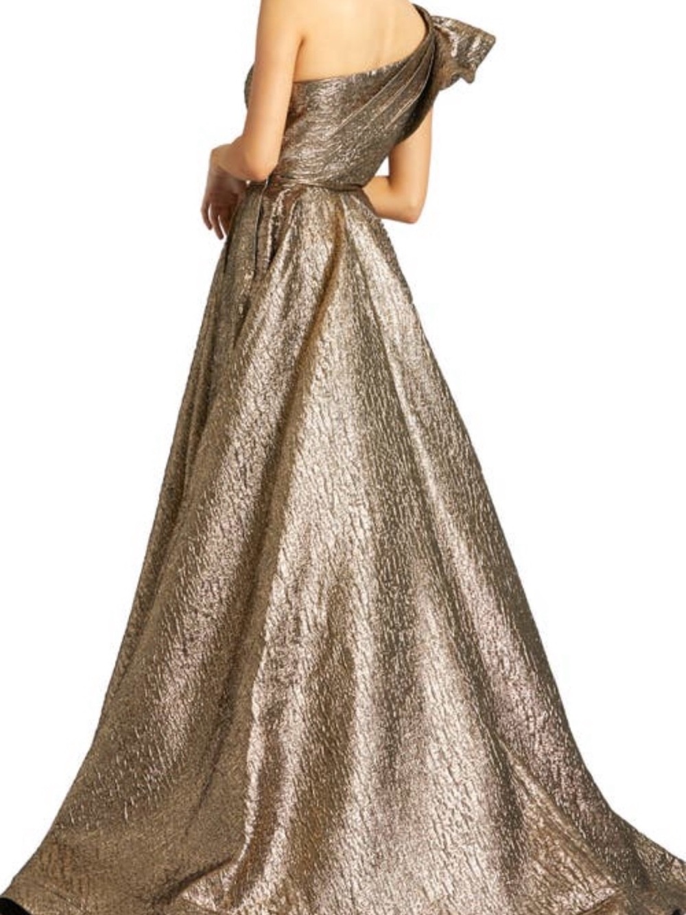 Mac Duggal One-Shoulder Metallic Bronze-Gold Evening Gown - Picture 2 of 5